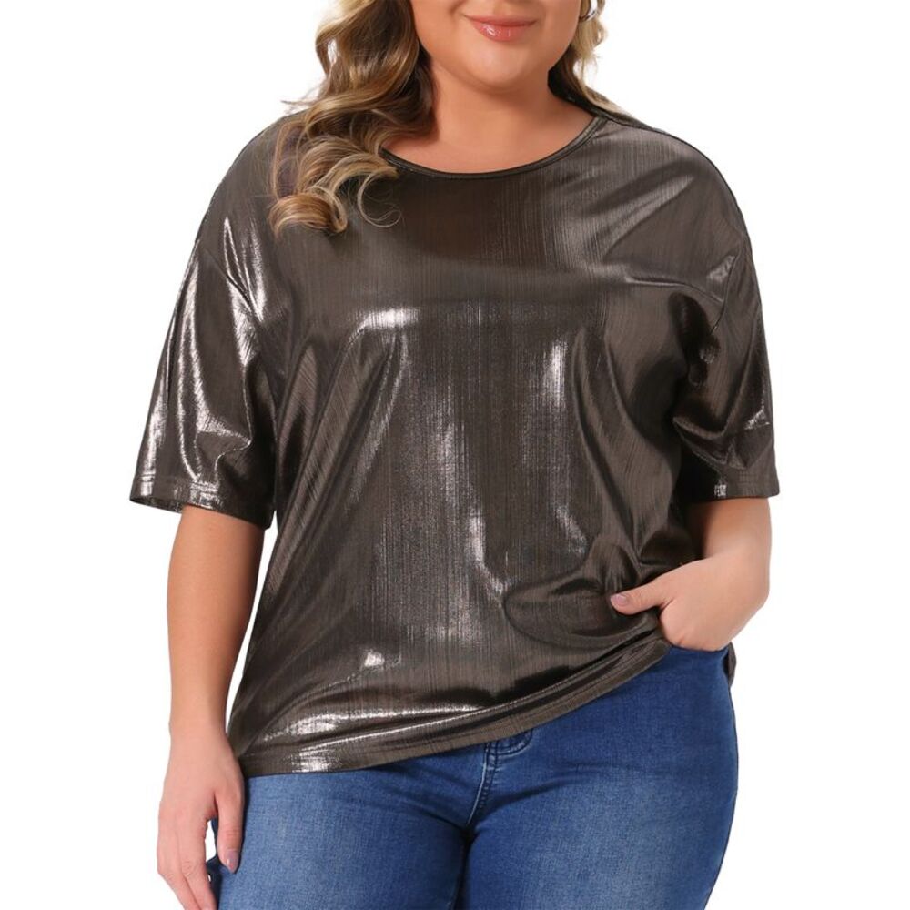 Plus Size Blouse Metallic Round Neck Short Sleeve Party Tee Top Dark Brown